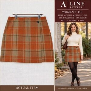 ALINE Petite Plaid Wrap Mini Skirt Orange Brown Tan Button Front Size 14P Retro